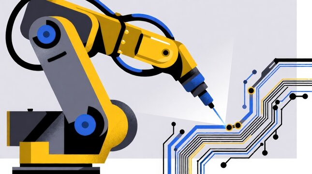 Industrial robotic arm performing precision soldering on circuit board in manufacturing facility