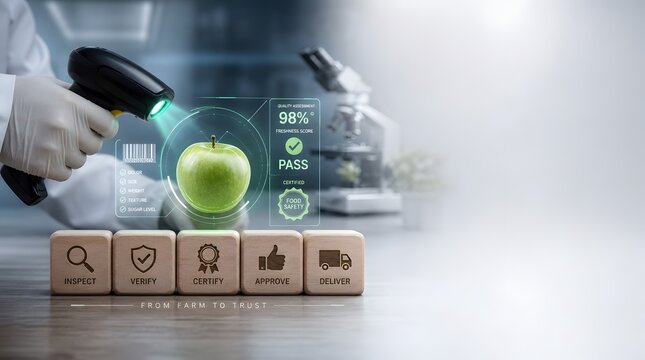 Food safety quality control process with digital scanning and inspection checks from farm to delivery showing an apple being analyzed.