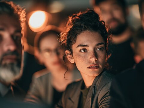 Focused businesswoman in deep discussion with diverse colleagues during late night meeting