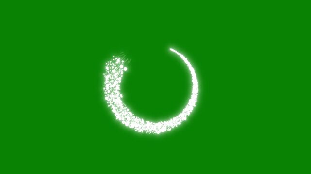 White glowing particle circles and curved rings forming abstract loading animations on a green background