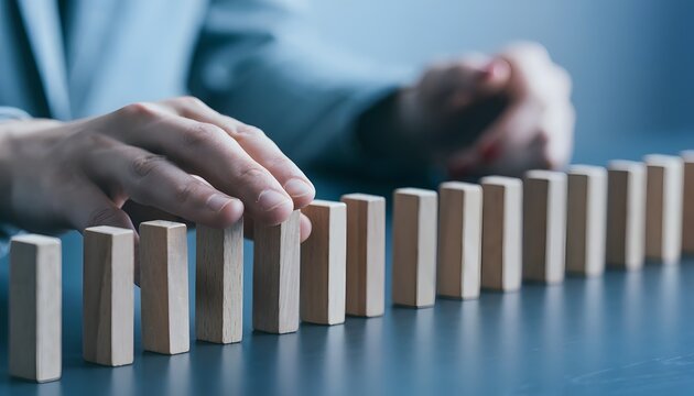Business person hand stopping wooden dominoes from falling to prevent a chain reaction in the office