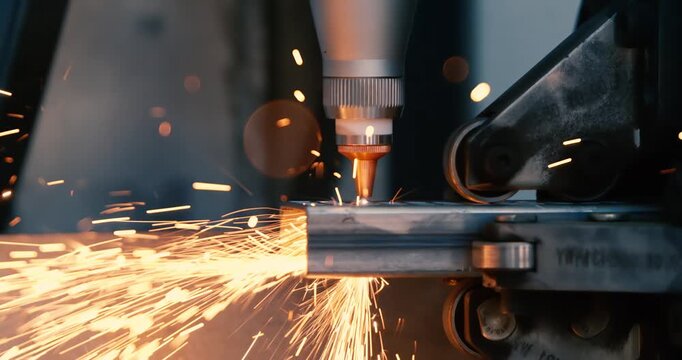 CNC Laser cutting of metal, modern industrial technology Making Industrial Details. Shot on super slow motion camera 1000 fps.