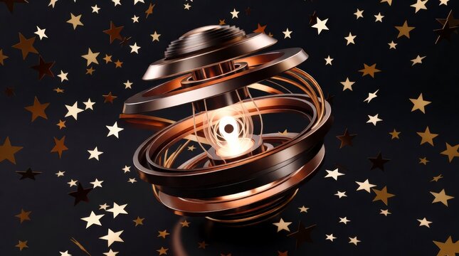 Abstract metallic armillary sphere rotating with glowing light against a dark background with stars