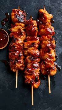 Japanese chicken yakitori skewers grilled over charcoal, tare sauce glaze glistening, dark background