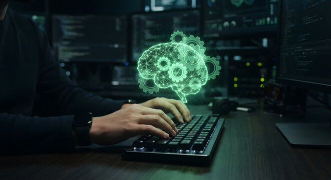 Luminous green digital brain hologram with turning gears floating above programmer hands typing codes on keyboard in dark cybernetic server room.