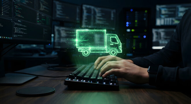 Green glowing digital delivery truck hologram flying over developer keyboard symbolizing logistics automation and supply chain management in dark room.