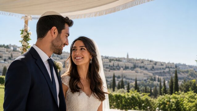 Joyful jewish bride and groom smiling at each other under chuppah during outdoor wedding ceremony with ancient city in background