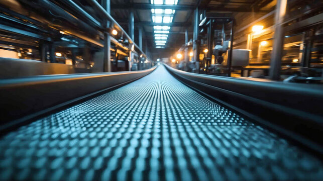 Long industrial conveyor belt moving through a factory line under bright overhead lights with metallic surfaces and rhythmic motion emphasizing automation and efficiency in food production.