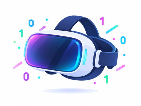 Wirtualna rzeczywistość i nowoczesna technologia, gogle VR na cyfrowym tle, ilustracja flat design.