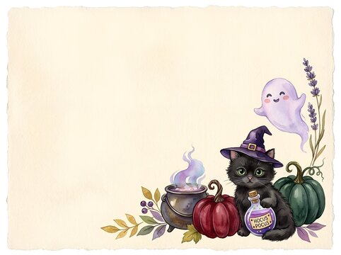 Tiny cute black kitten witch holding potion bottle Hocus Pocus, cauldron, pumpkins, lavender ghost, watercolor Halloween card template with copy space

