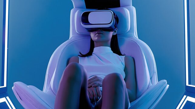 Young woman experiencing virtual reality in a futuristic immersive headset while seated in a high-tech chair