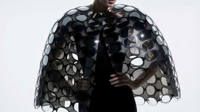 Fashion model wearing a black avant-garde structured cape with circular cutouts against a white background