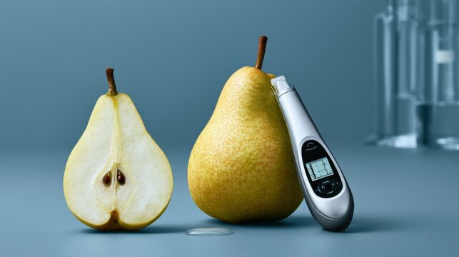 A digital refractometer displays sugar readings of a sliced Abate Fetel pear in a lab. The setup shows high detail with space on the right.