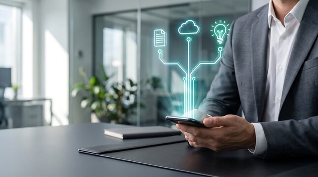 A businessman interacts with a futuristic holographic display showcasing advanced technology and data visualization