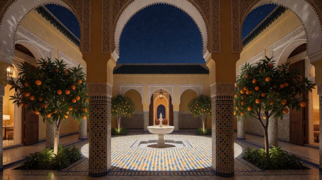 Traditional Moroccan riad courtyard with a central stone fountain and orange trees at night