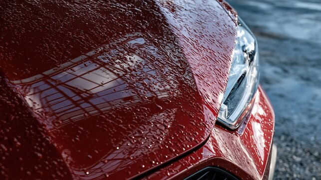 Close-up of Wet Red Car Hood with Water Droplets and Reflections During Washing