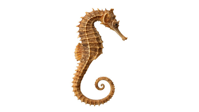 Beautiful golden seahorse marine animal figurine sculpture isolated on transparent background.