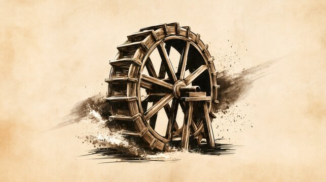 Waterwheel generating sustainable energy in vintage illustration style