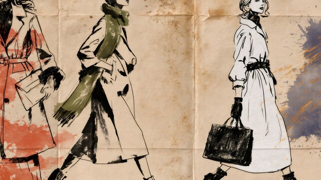 Women walking in stylish coats street fashion illustration