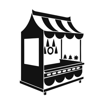 Carnival shooting gallery stall icon, black and white fairground game booth vector, vintage amusement park attraction silhouette for festival branding