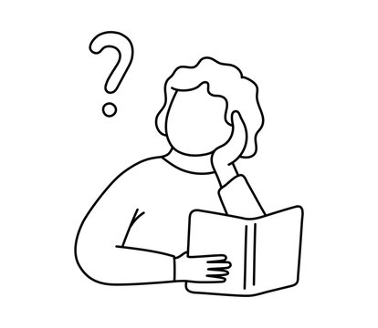 Student girl reading book with question mark above head. Confused child studying and thinking about problem. Education, learning concept and academic difficulty theme. Vector