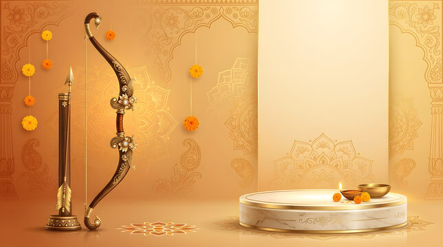 Premium Dussehra festival themed background featuring a traditional bow and arrow, decorative Indian-inspired patterns, subtle mandala motifs, and a circular display pedestal