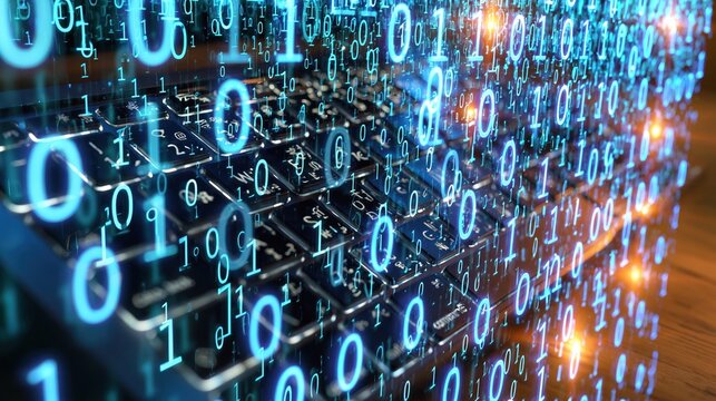 Abstract digital binary code flowing over a dark keyboard, representing data, technology, and information flow
