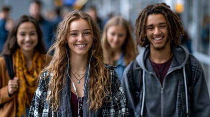 Obraz premium A group of smiling young students walking together outdoors with a blurred background of other people.