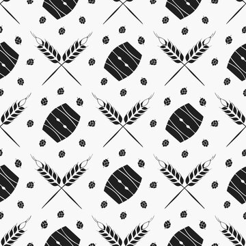 Vintage brewery seamless pattern with beer barrels and wheat stalks. Black and white craft beer background with hops and barley icons for pub branding.