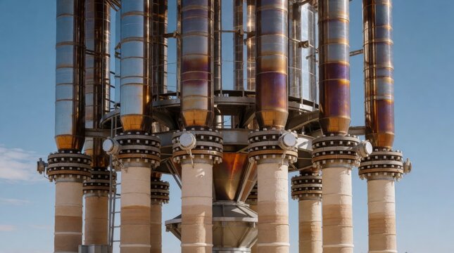 Industrial oil refinery distillation column undergoing maintenance with exposed internal piping and valves