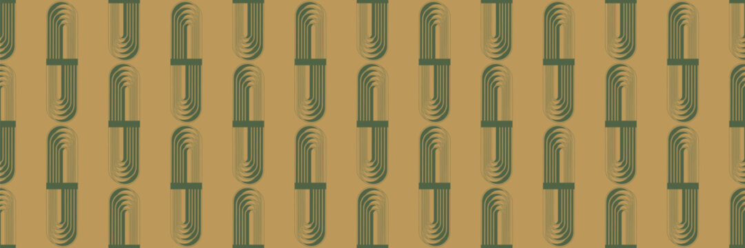 Seamless pattern of green stylized geometric arches and vertical lines over a warm ochre backdrop. Modern textile and retro wallpaper design.