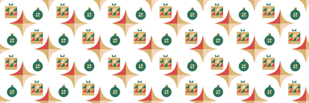 Pattern vector gift and seamless christmas box with bauble star geometric. Festive holiday celebration and background retro vintage with ornament decoration red.