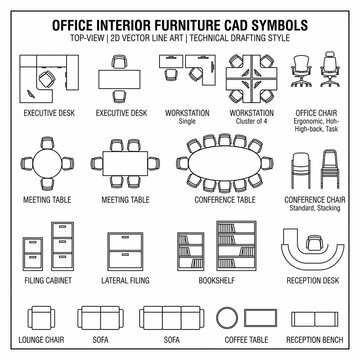Top-view 2D architectural CAD symbols for office interiors