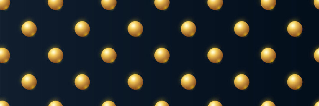 Seamless pattern with glowing golden spheres in polka dot layout on dark background.