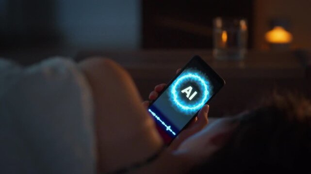 Seeking comfort through technology. Alone in bed at night a young woman holds her glowing smartphone near her face talking to an AI assistant. Cold moonlight and soft light from an open door