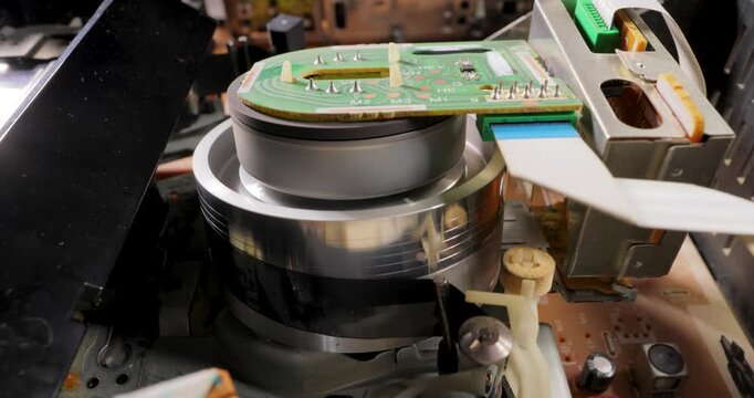 Video helical head vhs mechanism reading a video cassette VHS.