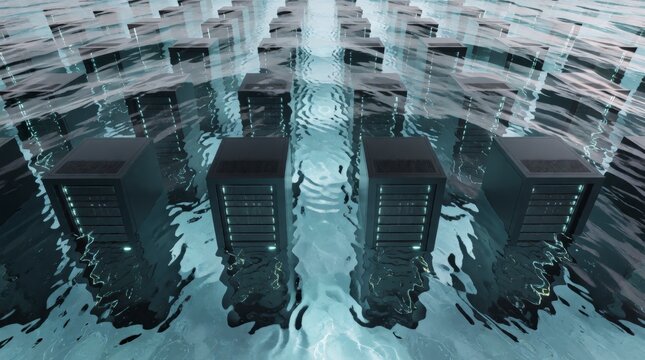 Rows of server racks submerged in clear rippling water representing liquid cooling technology