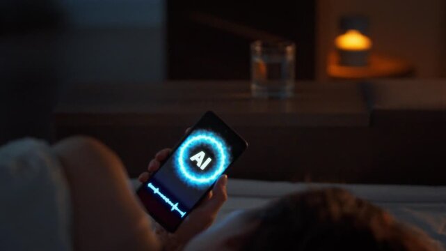Night and technology. A young woman cannot sleep and turns to an AI voice assistant on her smartphone. Digital AI symbol glows in the dark bedroom. Concept of device dependency and digital habits
