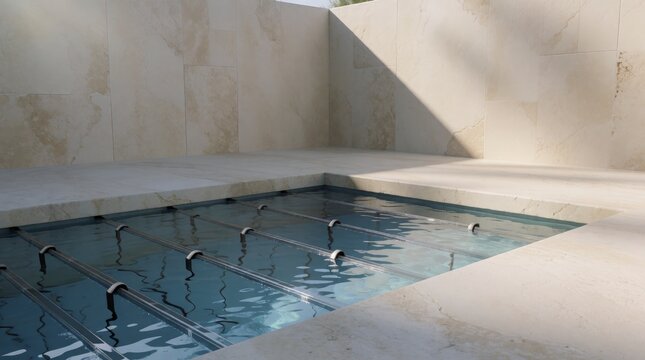 Modern minimalist swimming pool with clear blue water and concrete deck in bright natural sunlight