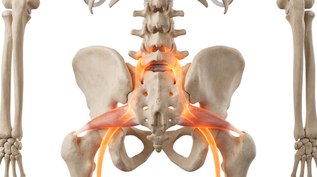 Posterior anatomical illustration of pelvis, sacrum, lumbar spine, sciatic nerves and sacroiliac joint inflammation isolated on white background