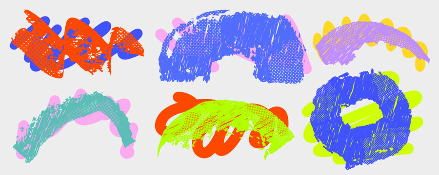 Brush abstract grunge with stroke paint halftone and curve arch pattern. Circle yellow background with bold color line and touch orange squiggle.