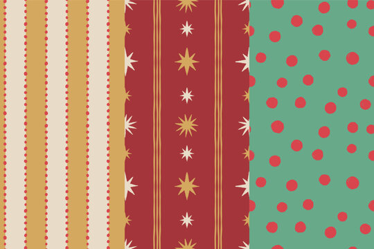 Vector Seamless Christmas pattern with hand-drawn holiday elements, geometric shapes, stars and festive ornaments in a retro color palette
