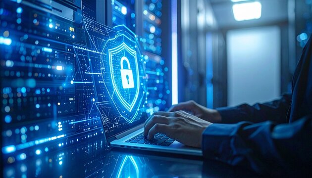 Cybersecurity professional analyzing digital security shield interface on laptop in modern office environment
