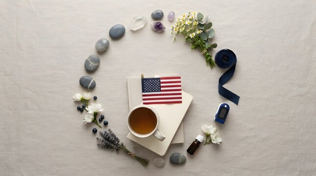 Flat lay composition with american flag book coffee and decorative elements on gray
