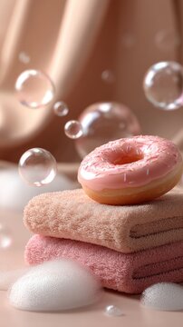A pink donut sits on plush towels as bubbles float nearby, accompanied by a refreshing drink in a clear bottle