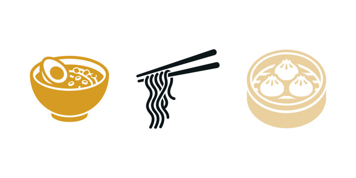 Noodle bar vector icon set with ramen bowl, chopsticks and dumplings