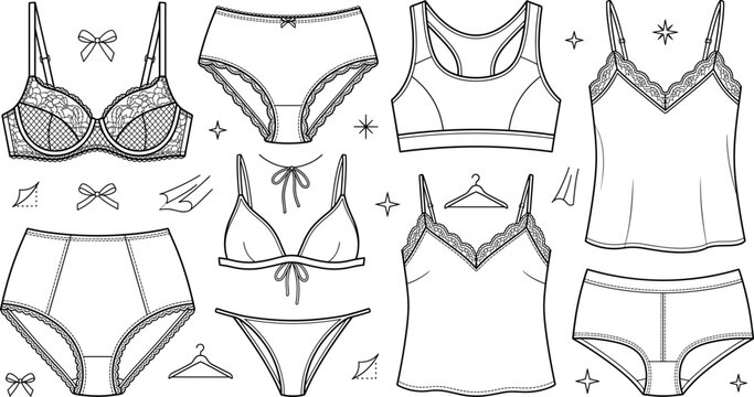 Womens lingerie undergarments collection pack with lace bra panties sports top camisole nightwear vector line art doodle illustration