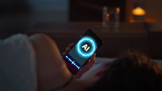 Smart technology before sleep - a young woman in a nightgown lies in bed holding a smartphone with an active AI voice assistant. Digital sound wave visible on screen. Cold moonlight in the background