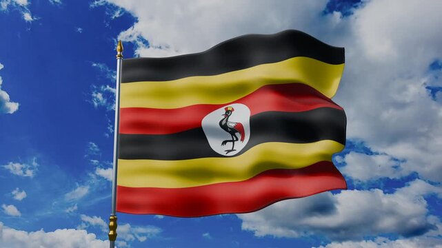 Uganda Flag Waving Against Blue Sky