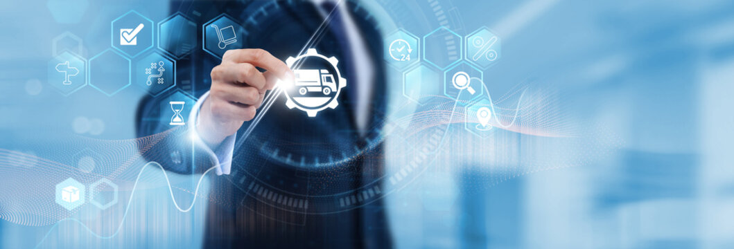 Logistics Manager Hand Hold Logistic management and supply chain data. Inventory planning, transportation, warehouse operations, delivery tracking, supply chain optimization, distribution.